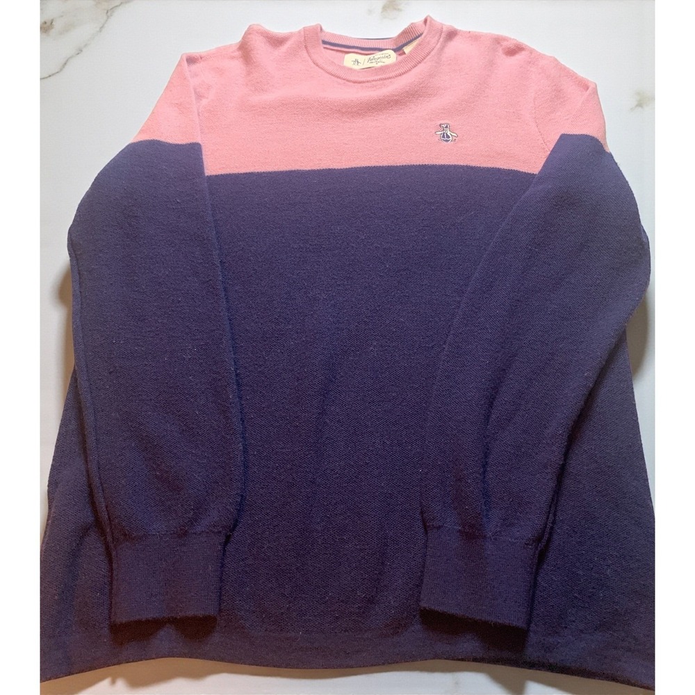Original Penguin Mens Colorblock Sweater Pink Navy Merino Wool Blend Large - Picture 2 of 7